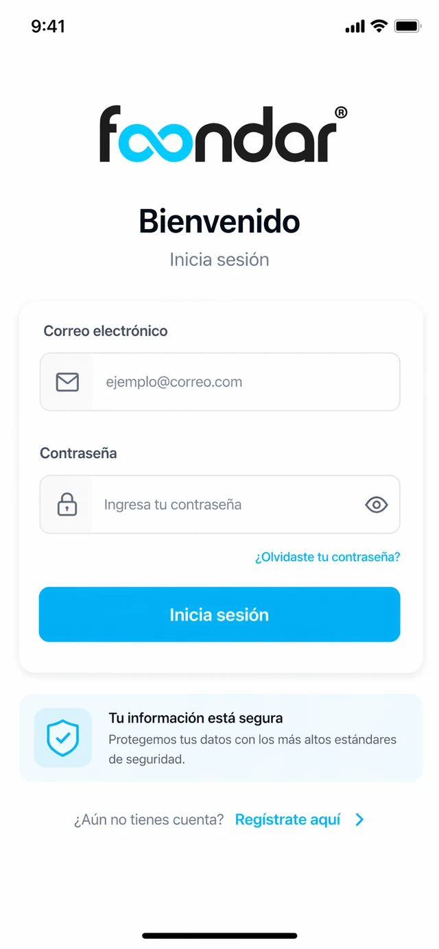 Pantalla de inicio de sesión de la app de Foondar