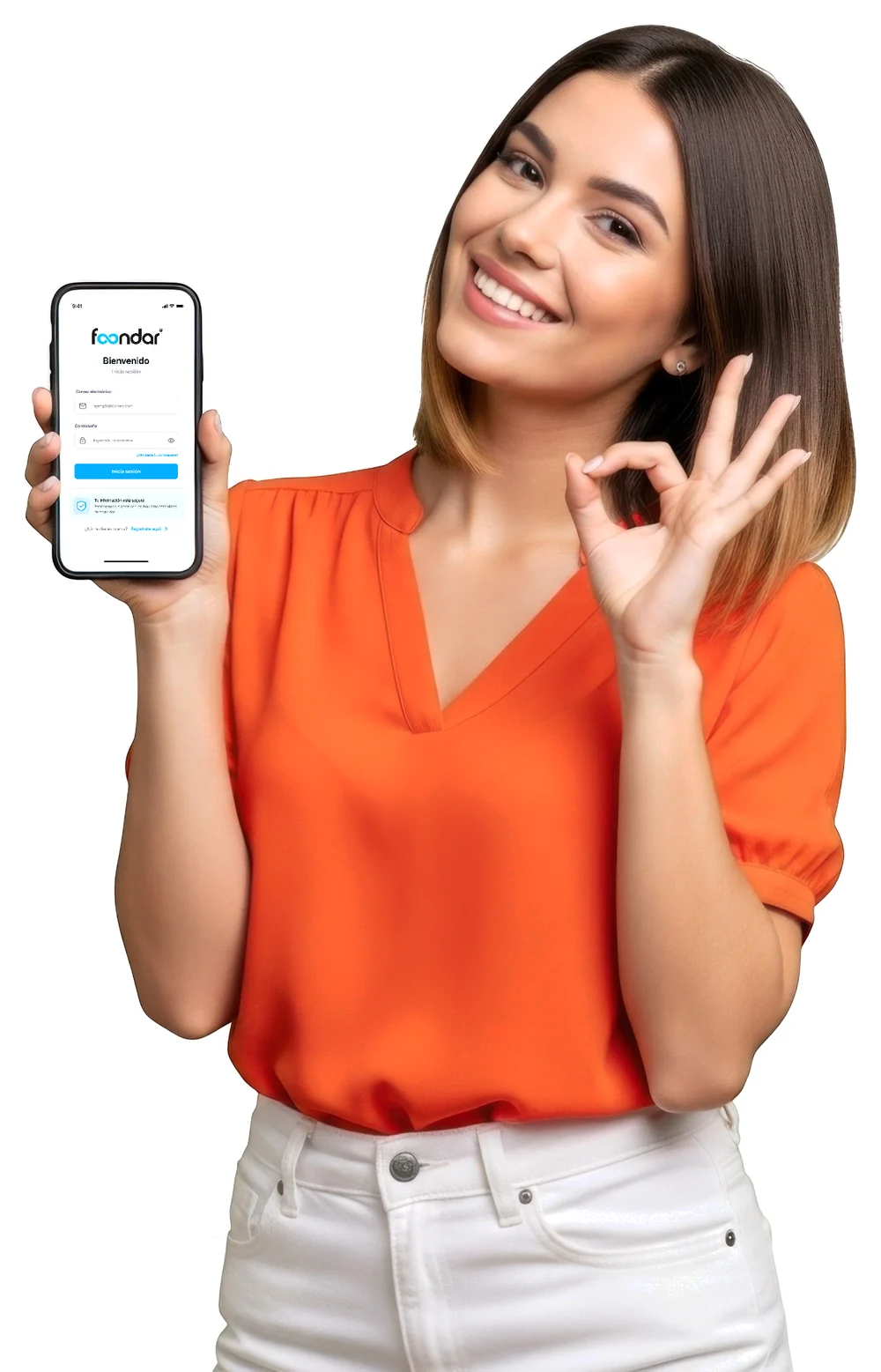 Mujer sonriente que muestra la app de Foondar en su celular